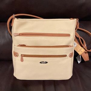 NWT MultiSac Handbag Color Chino/ Cognac multi zipper and Velcro compartments.